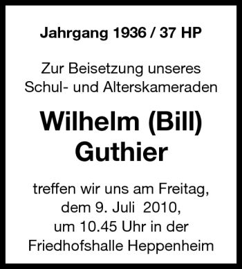 Traueranzeige von Wilhelm (Bill) Guthier von Starkenburger Echo