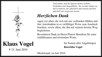 Traueranzeige von Klaus Vogel von Odenwälder Echo