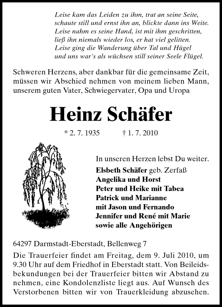  Traueranzeige für Heinz Schäfer vom 07.07.2010 aus Echo-Zeitungen (Gesamtausgabe)