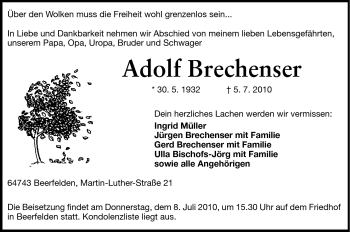 Traueranzeige von Adolf Brechenser von Odenwälder Echo