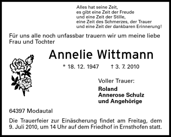 Traueranzeige von Annelie Wirttmann von Echo-Zeitungen (Gesamtausgabe)