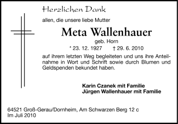 Traueranzeige von Meta Wallenhauer von Rüsselsheimer Echo, Groß-Gerauer-Echo, Ried Echo