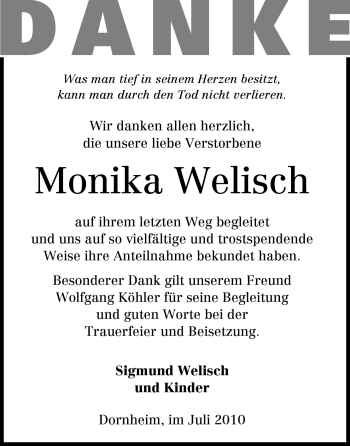 Traueranzeige von Monika Welisch von Rüsselsheimer Echo, Groß-Gerauer-Echo, Ried Echo