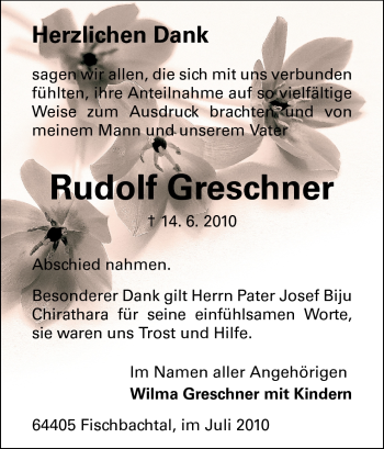 Traueranzeige von Rudolf Greschner von Darmstädter Echo, Odenwälder Echo, Rüsselsheimer Echo, Groß-Gerauer-Echo, Ried Echo