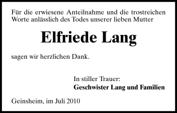 Traueranzeige von Elfriede Lang von Rüsselsheimer Echo, Groß-Gerauer-Echo, Ried Echo