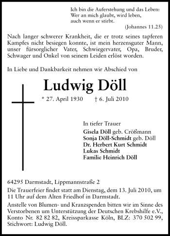 Traueranzeige von Ludwig Döll von Darmstädter Echo, Odenwälder Echo, Rüsselsheimer Echo, Groß-Gerauer-Echo, Ried Echo