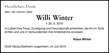Traueranzeige von Willi Winter von Echo-Zeitungen (Gesamtausgabe)