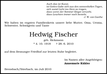 Traueranzeige von Hedwig Fischer von Echo-Zeitungen (Gesamtausgabe)