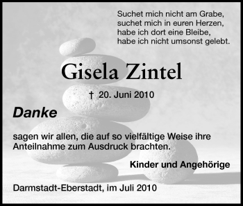 Traueranzeige von Gisela Zintel von Darmstädter Echo, Odenwälder Echo, Rüsselsheimer Echo, Groß-Gerauer-Echo, Ried Echo