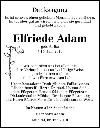 Traueranzeige von Elfriede Adam von Echo-Zeitungen (Gesamtausgabe)