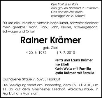Traueranzeige von Rainer Krämer von Darmstädter Echo, Odenwälder Echo, Rüsselsheimer Echo, Groß-Gerauer-Echo, Ried Echo