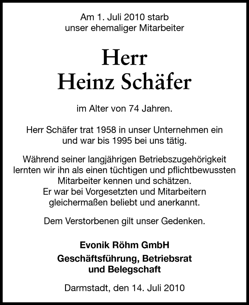  Traueranzeige für Heinz Schäfer vom 14.07.2010 aus Echo-Zeitungen (Gesamtausgabe)