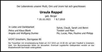 Traueranzeige von Ursula Reppel von Rüsselsheimer Echo, Groß-Gerauer-Echo, Ried Echo