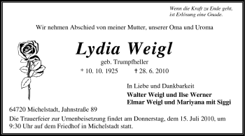 Traueranzeige von Lydia Weigel von Odenwälder Echo