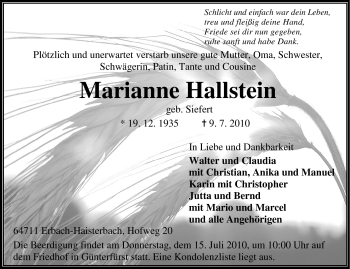 Traueranzeige von Marianne Hallstein von Odenwälder Echo
