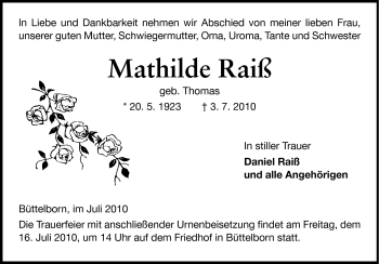 Traueranzeige von Mathilde Raiß von Rüsselsheimer Echo, Groß-Gerauer-Echo, Ried Echo