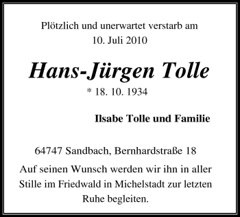 Traueranzeige von Hans-Jürgen Tolle von Odenwälder Echo