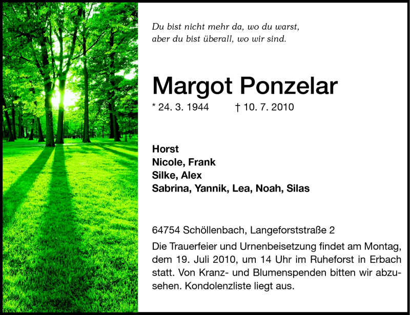  Traueranzeige für Margot Ponzelar vom 15.07.2010 aus Odenwälder Echo