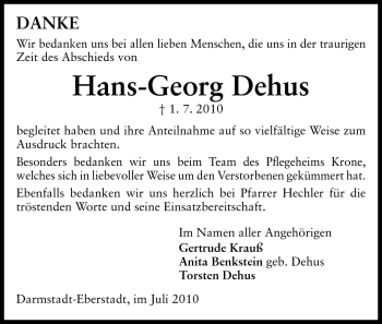 Traueranzeige von Hans-Georg Dehus von Echo-Zeitungen (Gesamtausgabe)