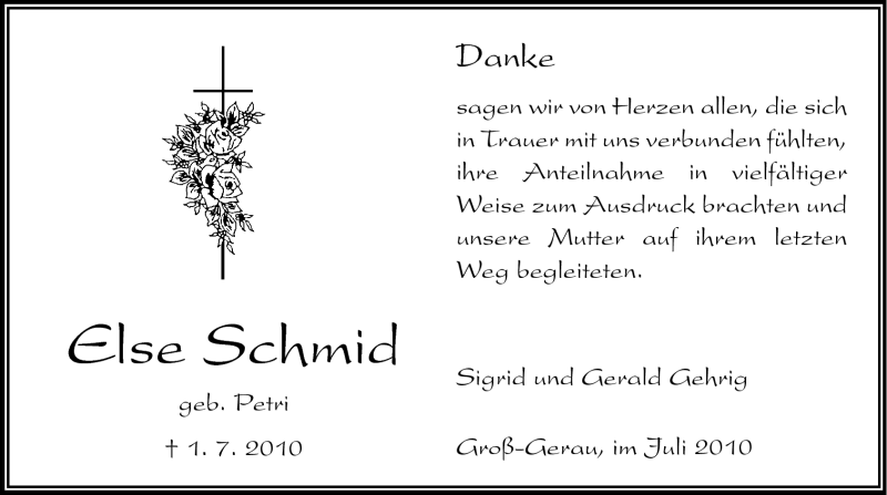  Traueranzeige für Else Schmid vom 16.07.2010 aus Rüsselsheimer Echo, Groß-Gerauer-Echo, Ried Echo