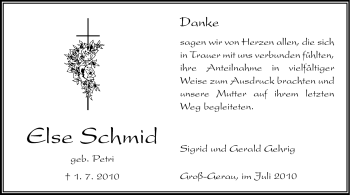 Traueranzeige von Else Schmid von Rüsselsheimer Echo, Groß-Gerauer-Echo, Ried Echo