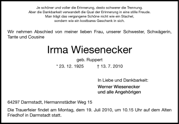 Traueranzeige von Irma Wiesenecker von Darmstädter Echo, Odenwälder Echo, Rüsselsheimer Echo, Groß-Gerauer-Echo, Ried Echo