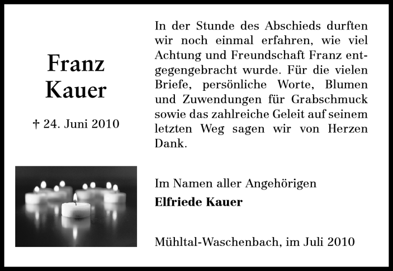  Traueranzeige für Franz Kauer vom 17.07.2010 aus Echo-Zeitungen (Gesamtausgabe)