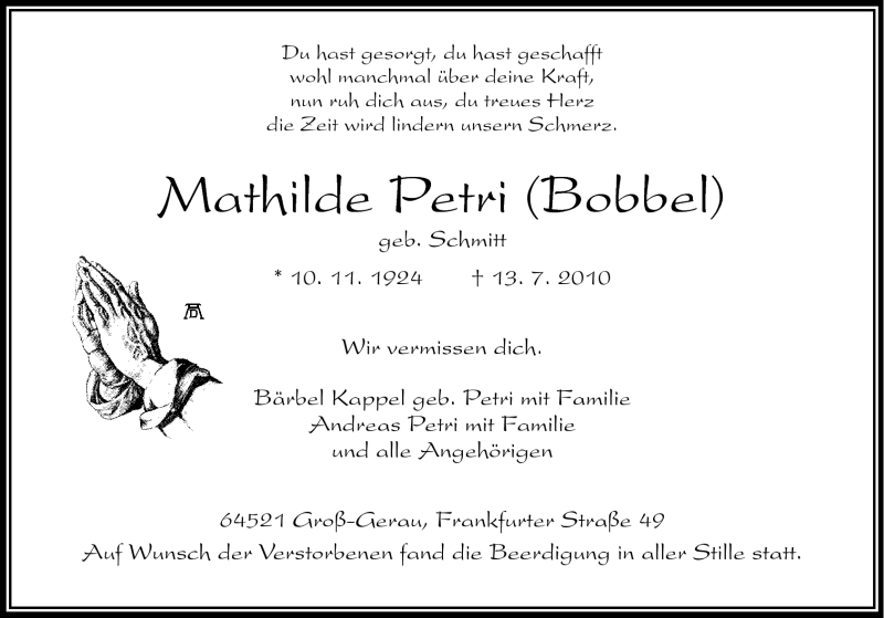 Traueranzeige für Mathilde Petri vom 17.07.2010 aus Rüsselsheimer Echo, Groß-Gerauer-Echo, Ried Echo