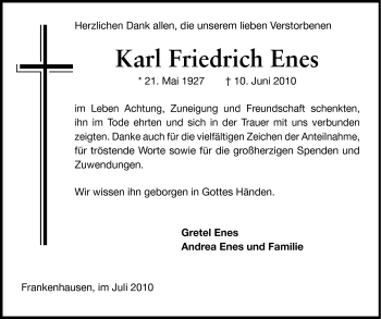 Traueranzeige von Karl Friedrich Enes von Darmstädter Echo, Odenwälder Echo, Rüsselsheimer Echo, Groß-Gerauer-Echo, Ried Echo