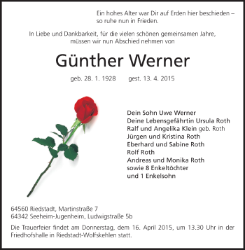 Traueranzeige von Günther Werner von Rüsselsheimer Echo, Groß-Gerauer-Echo, Ried Echo