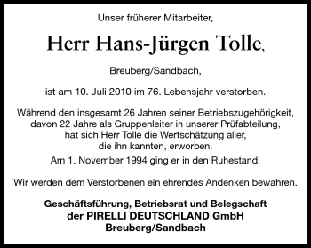 Traueranzeige von Hans-Jürgen Tolle von Odenwälder Echo