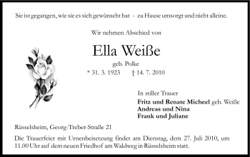Traueranzeige von Ella Weiße von Rüsselsheimer Echo, Groß-Gerauer-Echo, Ried Echo