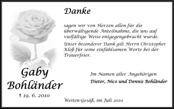 Traueranzeige von Gabi Bohländer von Odenwälder Echo
