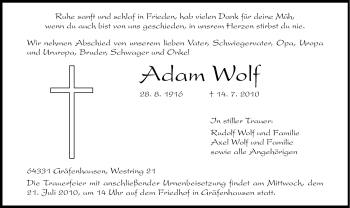 Traueranzeige von Adam Wolf von Darmstädter Echo, Odenwälder Echo, Rüsselsheimer Echo, Groß-Gerauer-Echo, Ried Echo