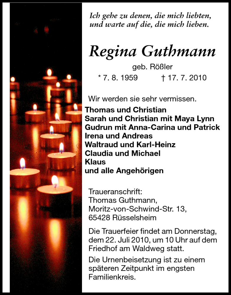  Traueranzeige für Regina Guthmann vom 20.07.2010 aus Rüsselsheimer Echo, Groß-Gerauer-Echo, Ried Echo