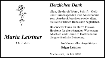 Traueranzeige von Maria Leistner von Odenwälder Echo