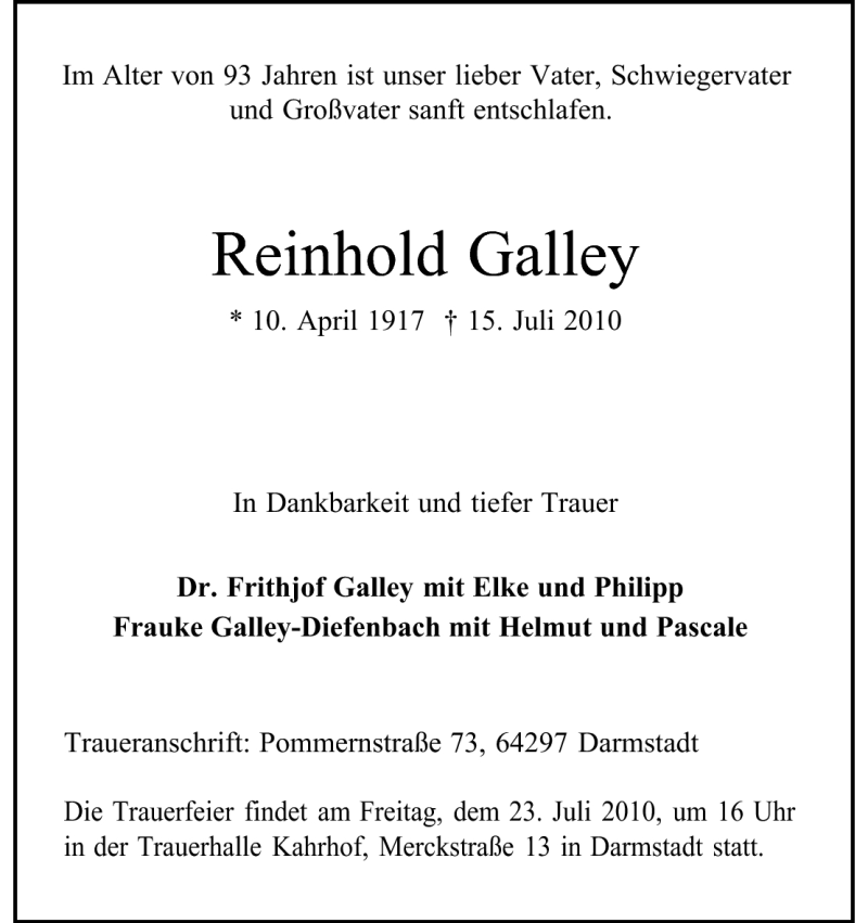  Traueranzeige für Reinhold Galley vom 21.07.2010 aus Echo-Zeitungen (Gesamtausgabe)