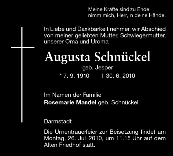 Traueranzeige von Augusta Schnückel von Darmstädter Echo, Odenwälder Echo, Rüsselsheimer Echo, Groß-Gerauer-Echo, Ried Echo