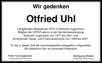 Traueranzeige von Ottfried Uhl von Echo-Zeitungen (Gesamtausgabe)