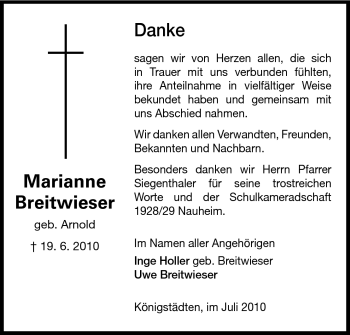 Traueranzeige von Marianne Breitwieser von Rüsselsheimer Echo, Groß-Gerauer-Echo, Ried Echo