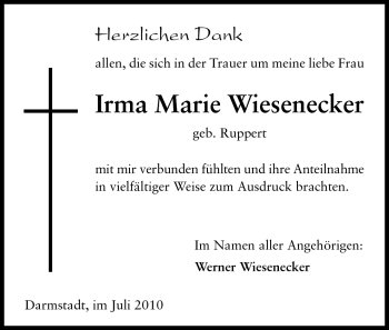 Traueranzeige von Irma Marie Wiesenecker von Darmstädter Echo, Odenwälder Echo, Rüsselsheimer Echo, Groß-Gerauer-Echo, Ried Echo