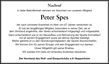 Traueranzeige von Peter Spes von Starkenburger Echo