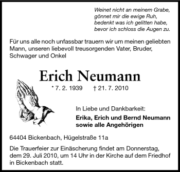 Traueranzeige von Erich Neumann von Echo-Zeitungen (Gesamtausgabe)
