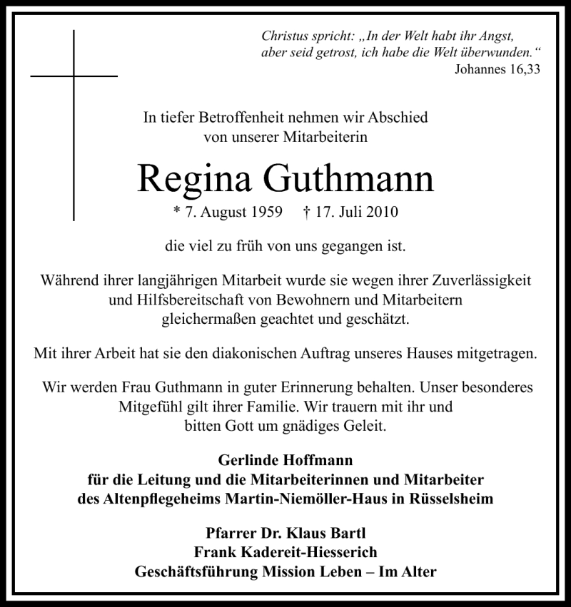  Traueranzeige für Regina Guthmann vom 24.07.2010 aus Echo-Zeitungen (Gesamtausgabe)