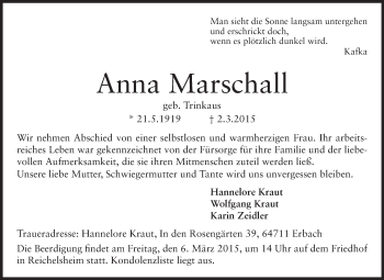 Traueranzeige von Anna Marschall von Odenwälder Echo