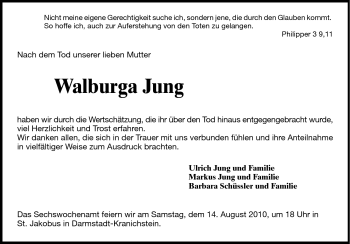Traueranzeige von Walburga Jung von Darmstädter Echo, Odenwälder Echo, Rüsselsheimer Echo, Groß-Gerauer-Echo, Ried Echo