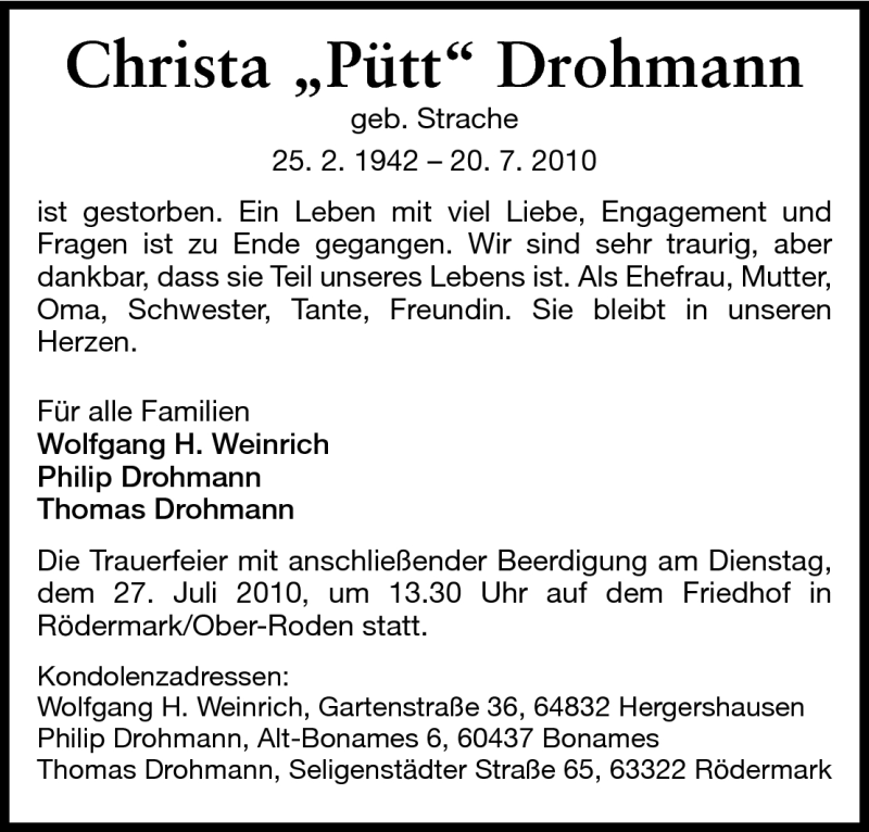  Traueranzeige für Christa Drohmann vom 24.07.2010 aus Darmstädter Echo, Odenwälder Echo, Rüsselsheimer Echo, Groß-Gerauer-Echo, Ried Echo