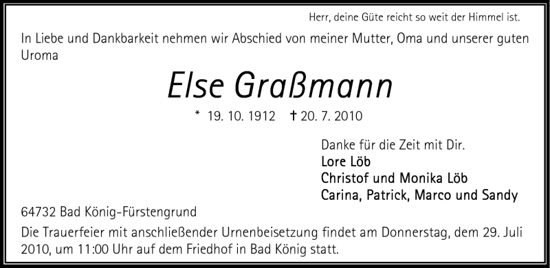  Traueranzeige für Else Graßmann vom 26.07.2010 aus Odenwälder Echo