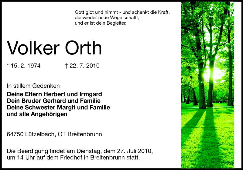  Traueranzeige für Volker Orth vom 26.07.2010 aus Odenwälder Echo