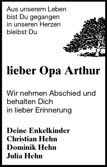 Traueranzeige von Opa Arthur von Echo-Zeitungen (Gesamtausgabe)